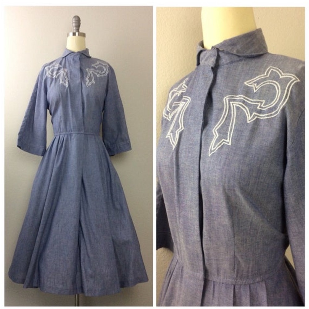 Vintage 1980s Chambray Embroidered Western Dress